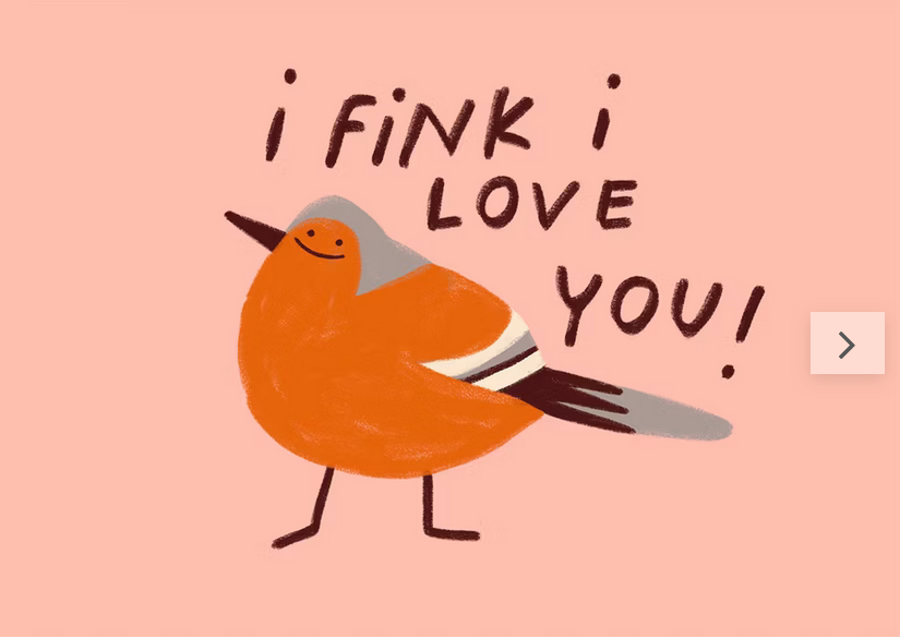 I fink i love you! Postkarte von Slinga Illustrations in hellrosa mit einem niedlich gemaltem Rotkehlchen