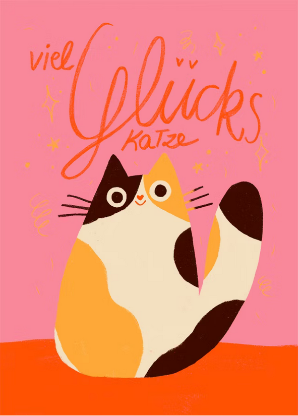 Viel Glückskatze Postkarte von Slinga Illustrations in Pink und Orange mit Katze