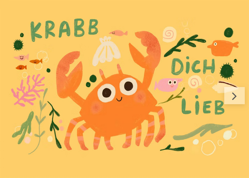 Krabb dich lieb Postkarte von Slinga Illustrations in HellGelb Butter Yellow mit Meeresmotiven und süßer Krabbe