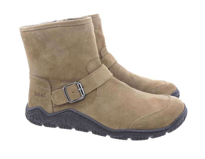 Koel Women Barefoot Rista Taupe Stiefeletten mit Reißverschluss, Seitenansicht, schwarze Gummisohle, Schnalle und Wildleder