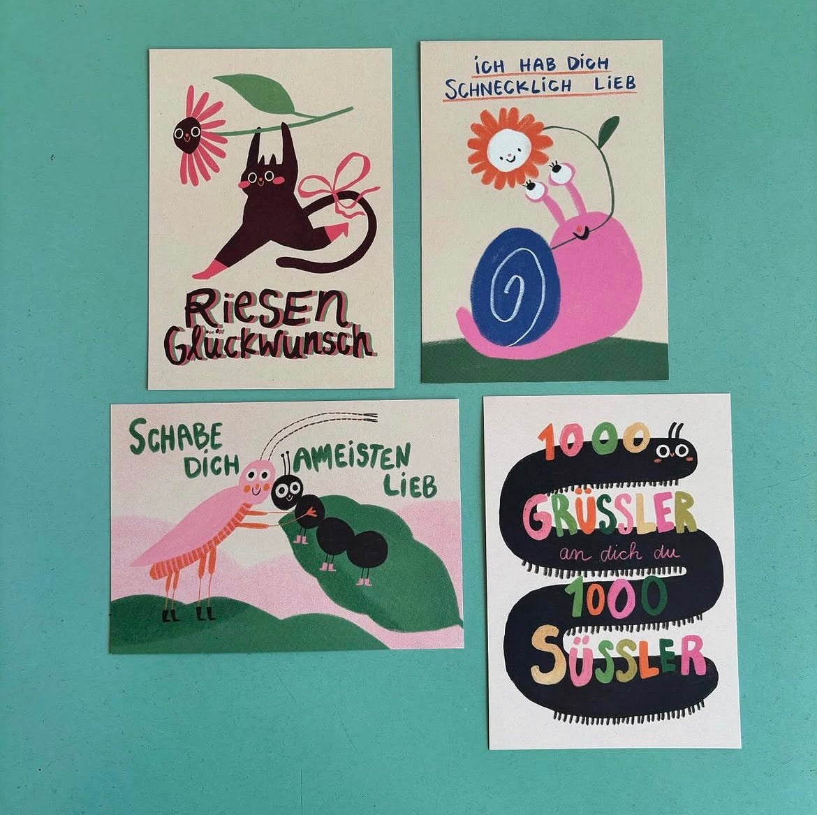 Riesen Glückwunsch
Ich hab dich schnecklich lieb Schnecke
Schabe dich ameisten lieb
1000 grüssler an dich du 1000 süssler