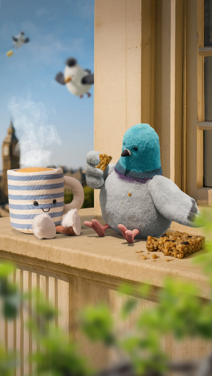 Jellycat Struttn Pigeon und Rosie Lea Teetasse am brunchen auf einem Fenstersims, animiertes Imagebild