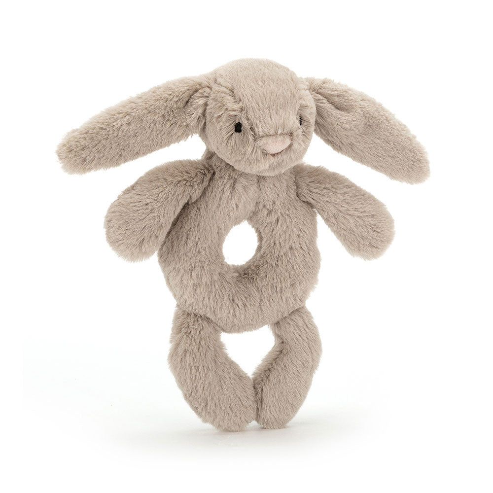 Weiche, beige Jellycat Ring Rassel für Babys in Ringform mit Armen, Beinen und Häschen-Kopf, Vorderansicht