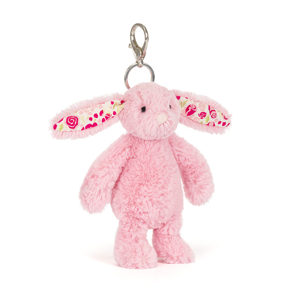 Pinker Stoffhase mit geblümten Ohren und plüschigem Fell von Jellycat mit Schlüsselring und Karabiner, Frontansicht