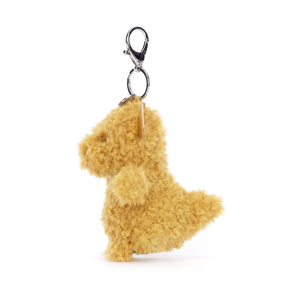 Weicher Jellycat Dragon Bag Charm mit Metallkarabiner und gold glitzernden kleinen Flügeln, Seitenansicht