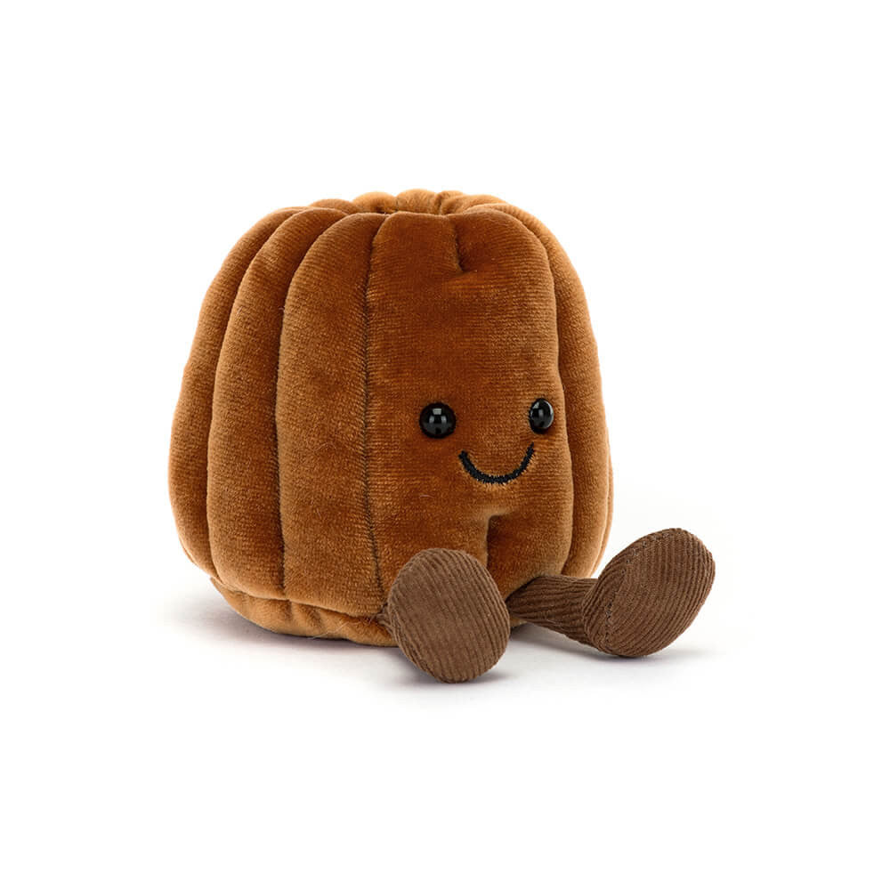 Pudding-förmiges Kuscheltier von Jellycat in samtigen Braun mit braunen Cord-Füßchen und lächelndem Gesicht, Frontansicht