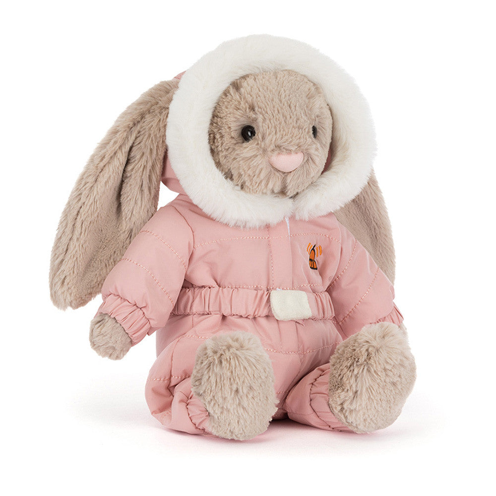 Flauschiger Jellycat Bashful Bunny Snow Suit als Hase Plüschtier in Schneeanzug mit weichem Fell und freundlichem Gesicht, Vorderansicht