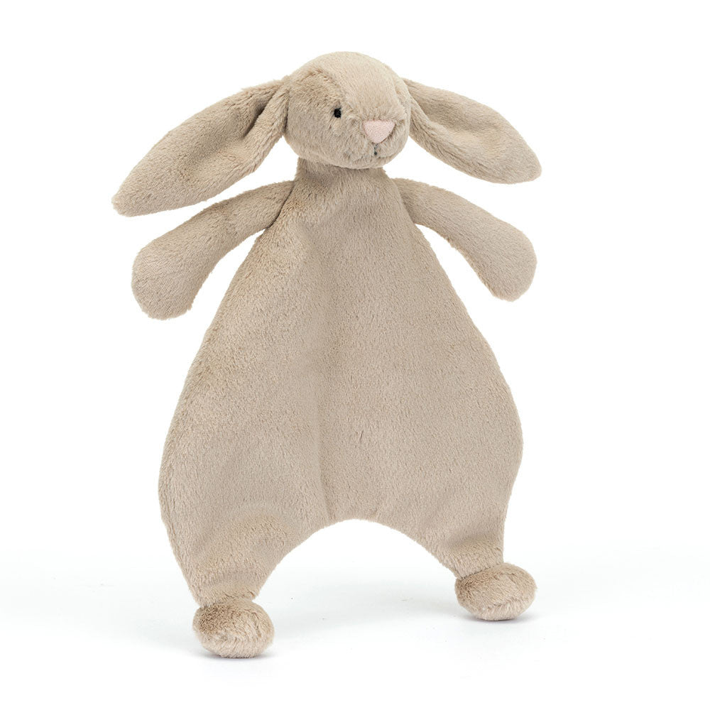 Niedlicher, kuscheliger Jellycat Baby Comforter in Hasenform, beige bunny Schnuffeltuch, Vorderansicht
