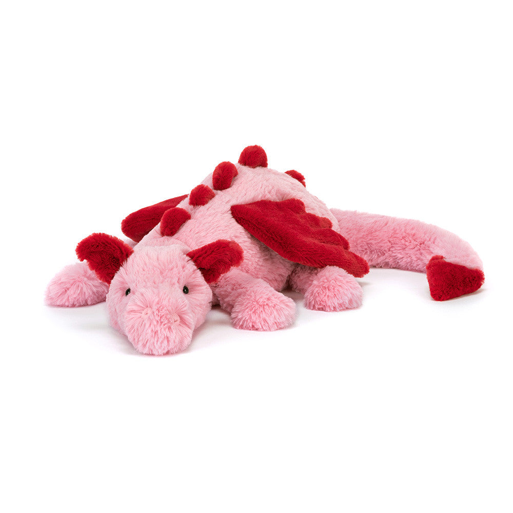 Fantasievolles liegendes Jellycat Heart Dragon Kuscheltier Drache mit weichem Plüsch und liebevollen Details in Pink und Rot, Vorderansicht