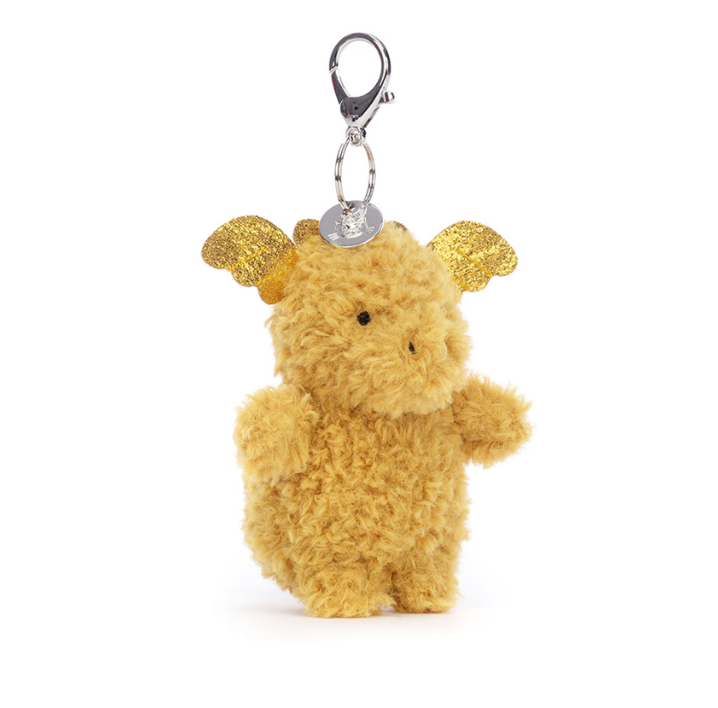 Verspielter Jellycat Little Dragon Bag Charm als Drachen Schlüsselanhänger mit gelbem Plüsch und Clip, Vorderansicht