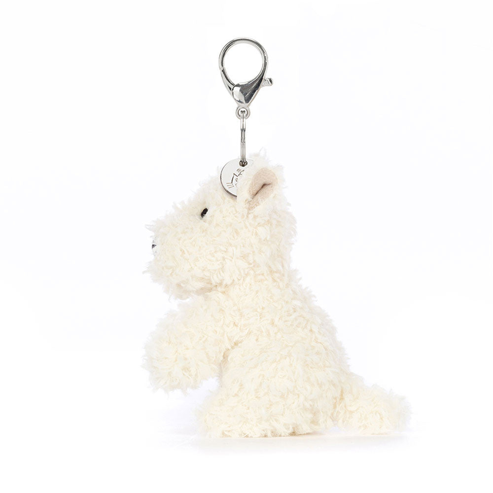 Weicher Jellycat Hund Schlüsselanhänger als Scottie Dog Bag Charm mit flauschiger Oberfläche und Metallkarabiner, Seitenansicht