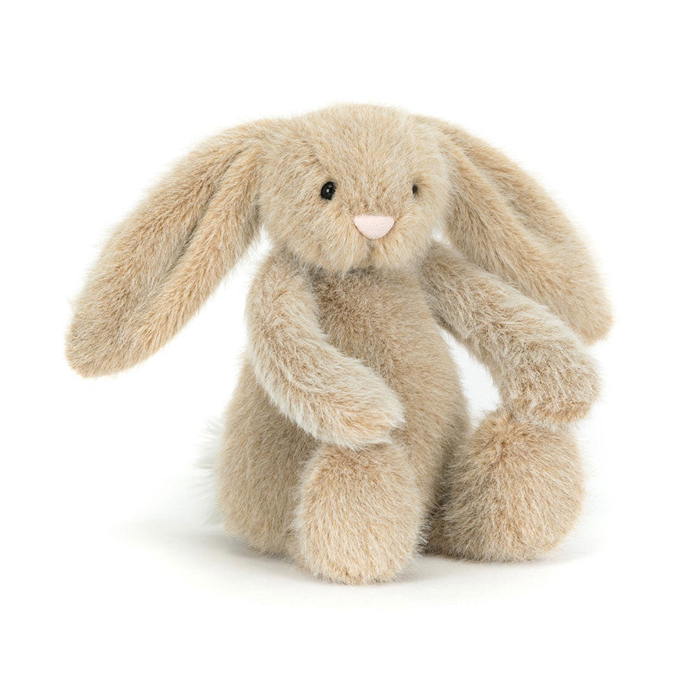 Kleiner Jellycat Oat Flufflet Bunny als Hasen Plüschtier in sanftem Beige mit besonders weichem Fell, Vorderansicht