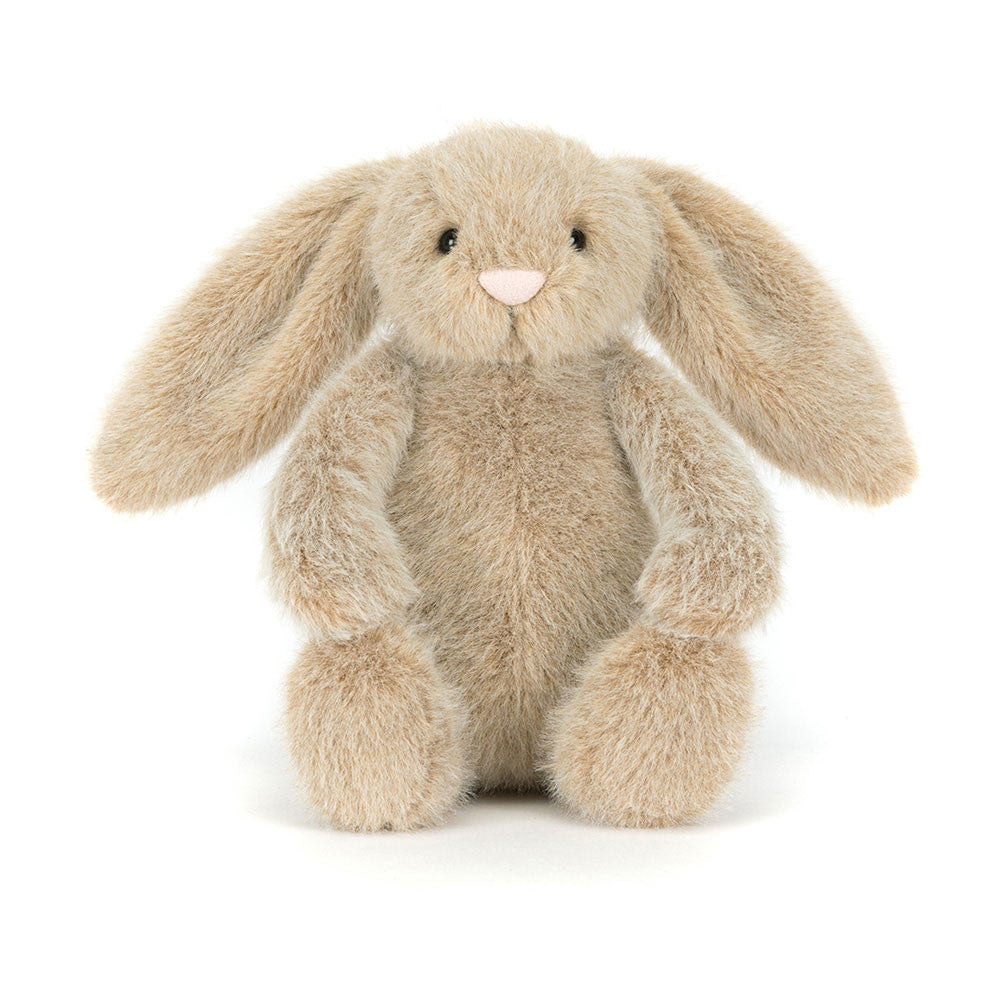Kleiner Jellycat Oat Flufflet Bunny als Hasen Plüschtier in sanftem Beige mit besonders weichem Fell, Vorderansicht