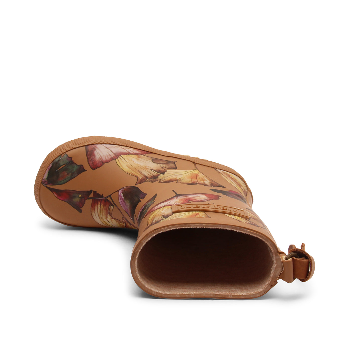 Wunderschöne Bisgaard Kindergummistiefel Flowers. Braune Gummistiefel mit Blumenmuster, Ansicht Auf der Seite liegend