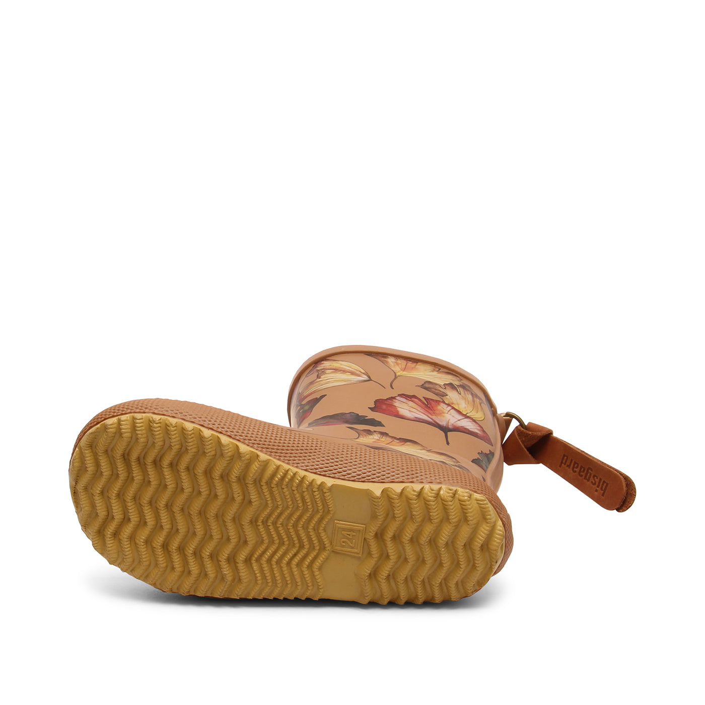 Wunderschöne Bisgaard Kindergummistiefel Flowers. Braune Gummistiefel mit Blumenmuster, Ansicht der Sohle