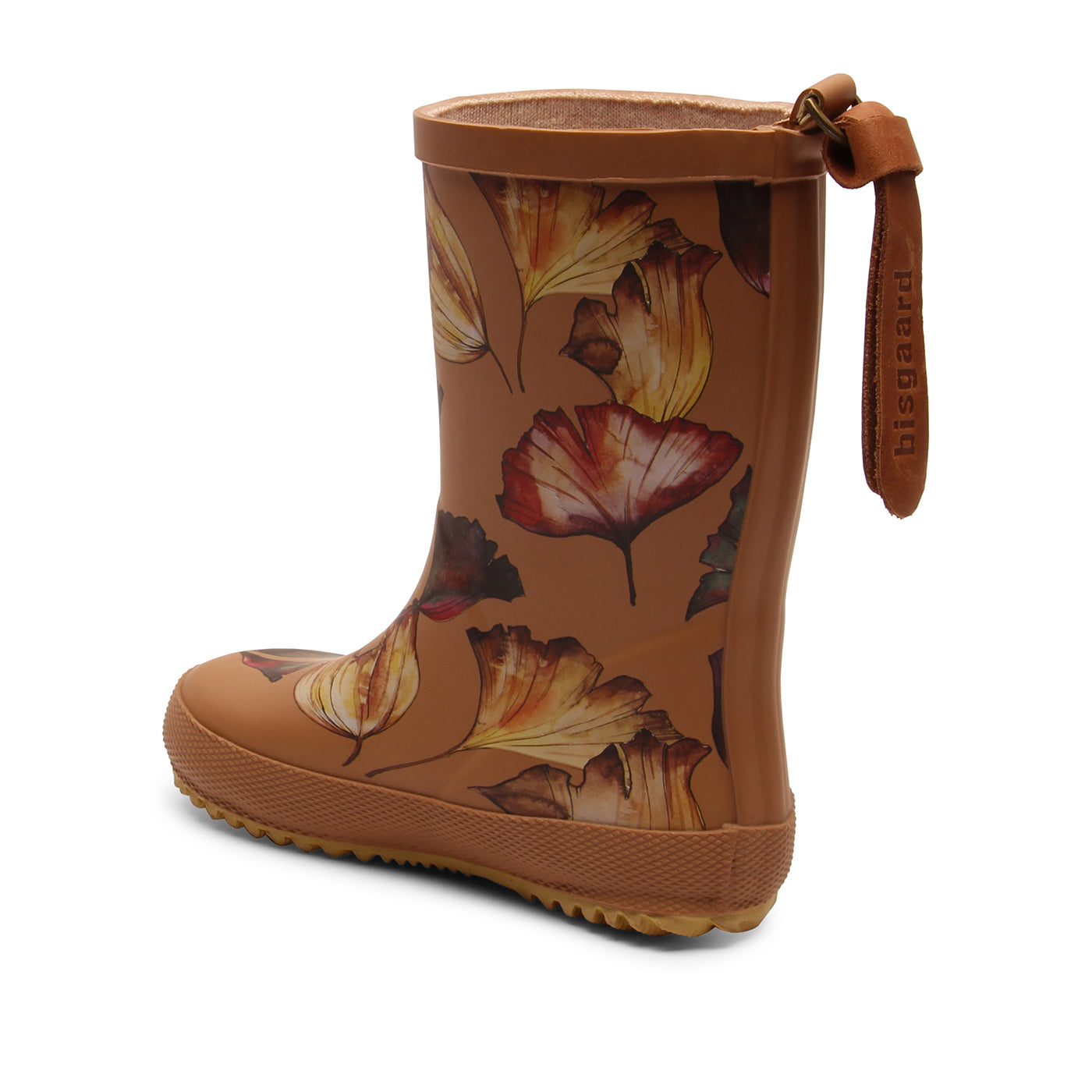 Wunderschöne Bisgaard Kindergummistiefel Flowers. Braune Gummistiefel mit Blumenmuster, Ansicht von schräg hinten