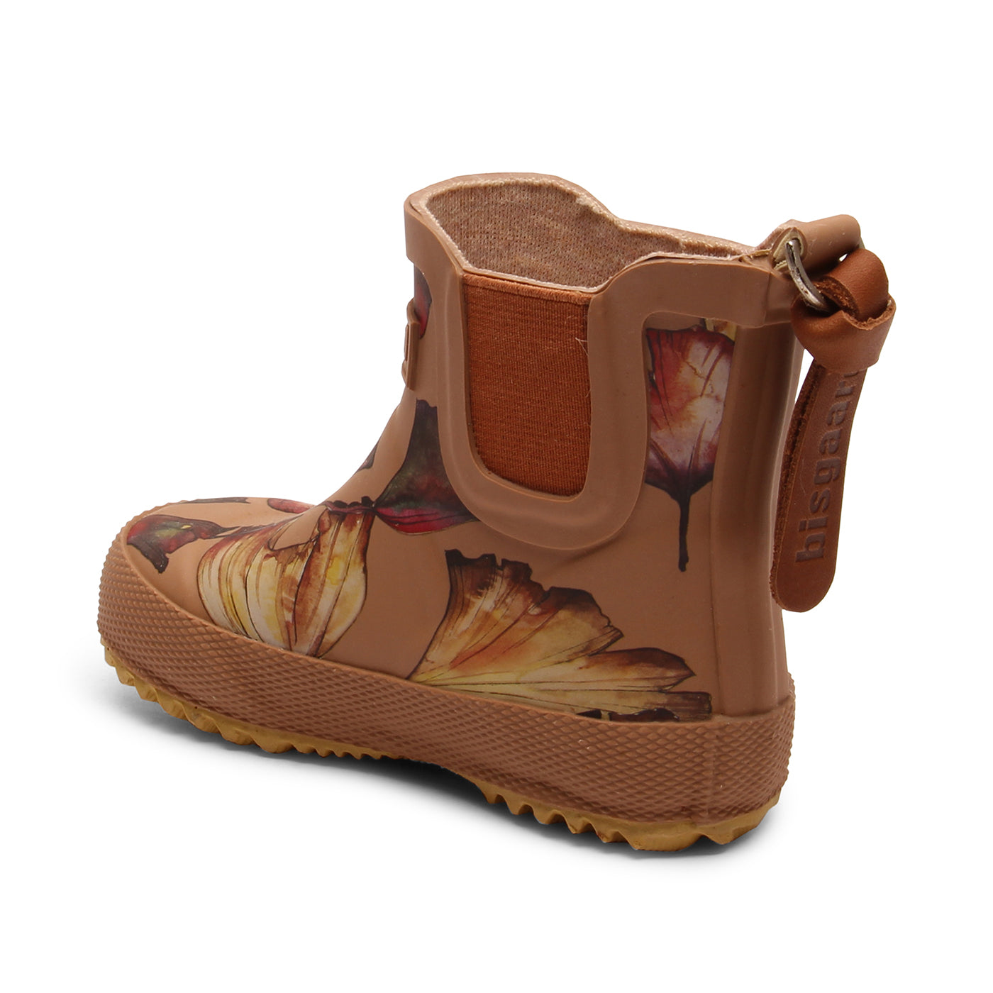 Lustige braune Bissgaard Gummistiefeletten mit Blumenmotiv. Ansicht von schräg hinten