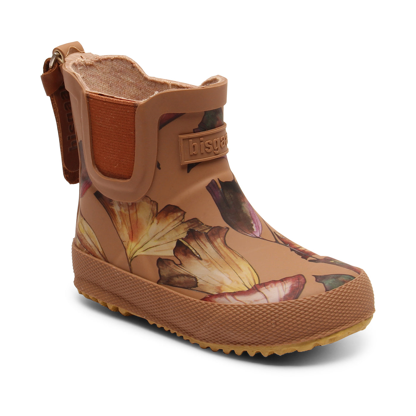 Lustige braune Bissgaard Gummistiefeletten mit Blumenmotiv. Ansicht von schräg vorne