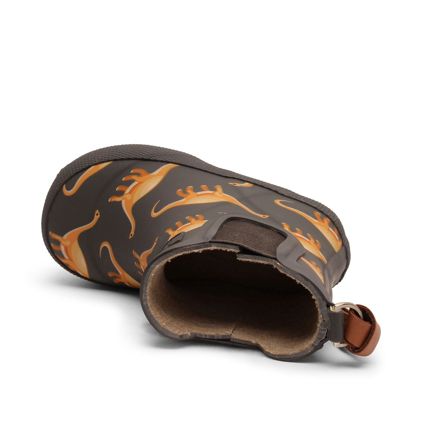 Lustige Bissgaard Gummistiefeletten mit Dinomotiv. Ansicht auf der Seite liegend