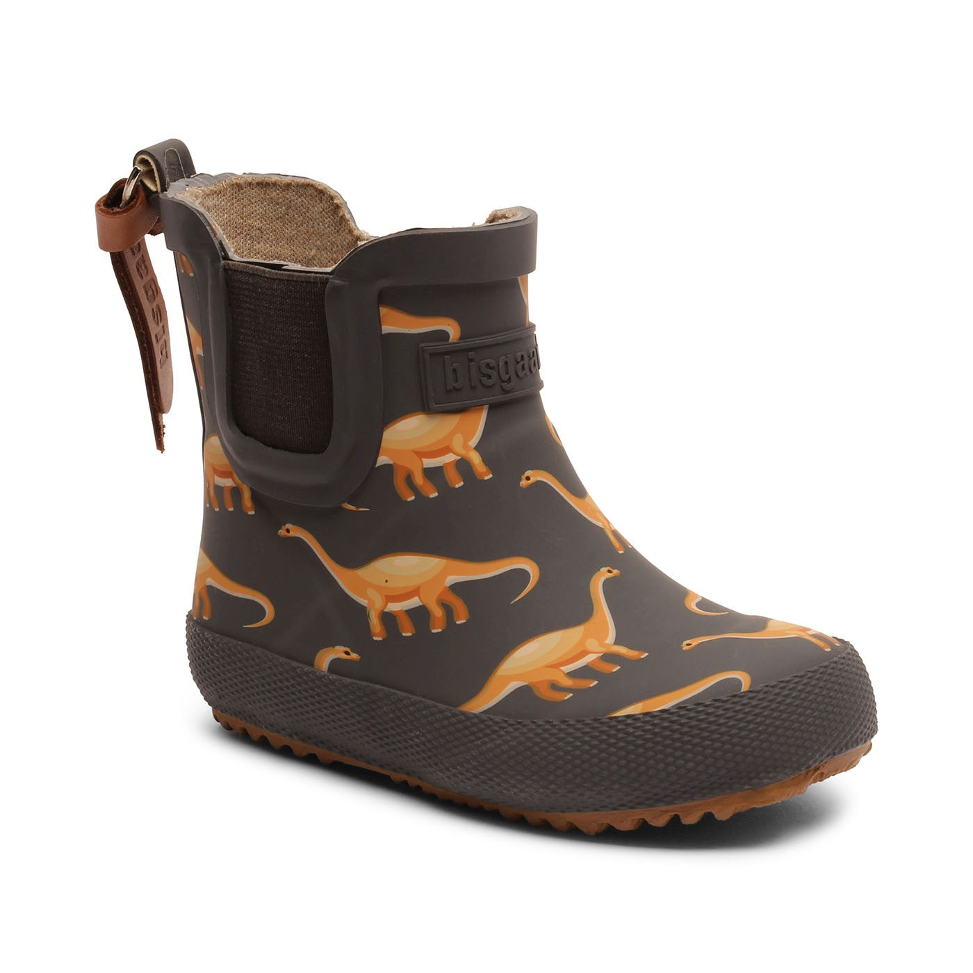 Lustige Bissgaard Gummistiefeletten mit Dinomotiv. Ansicht von schräg vorne