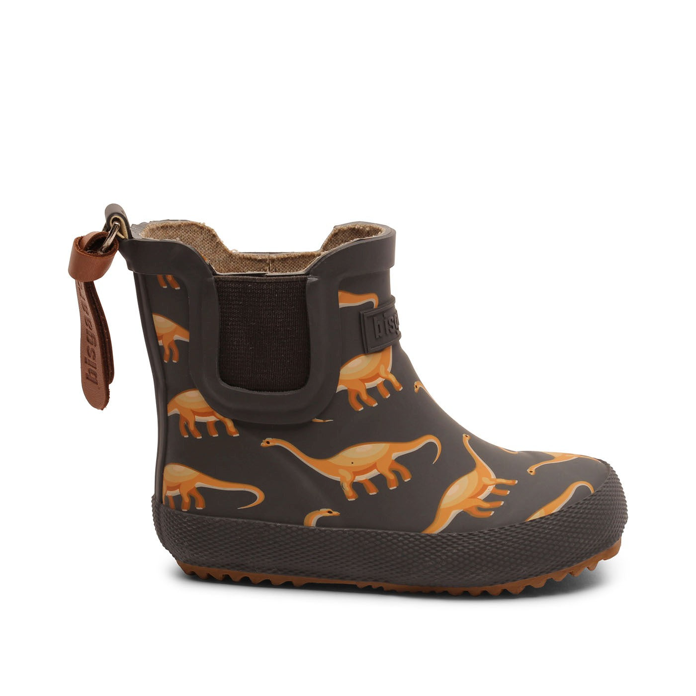 Lustige Bissgaard Gummistiefeletten mit Dinomotiv. Seitliche Ansicht