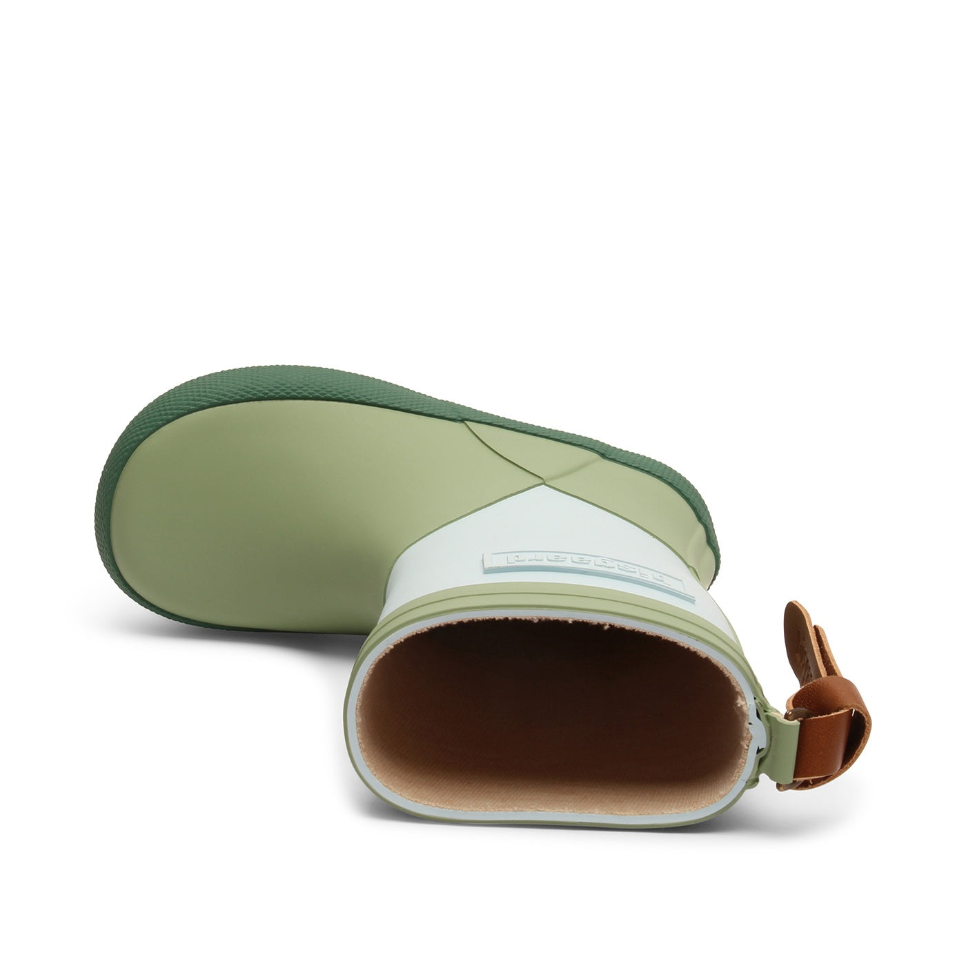 Schöne Kinder Gummistiefel von Bisgaard Misty Blue. Blau Grün Gemustert, Ansicht Auf der Seite liegend