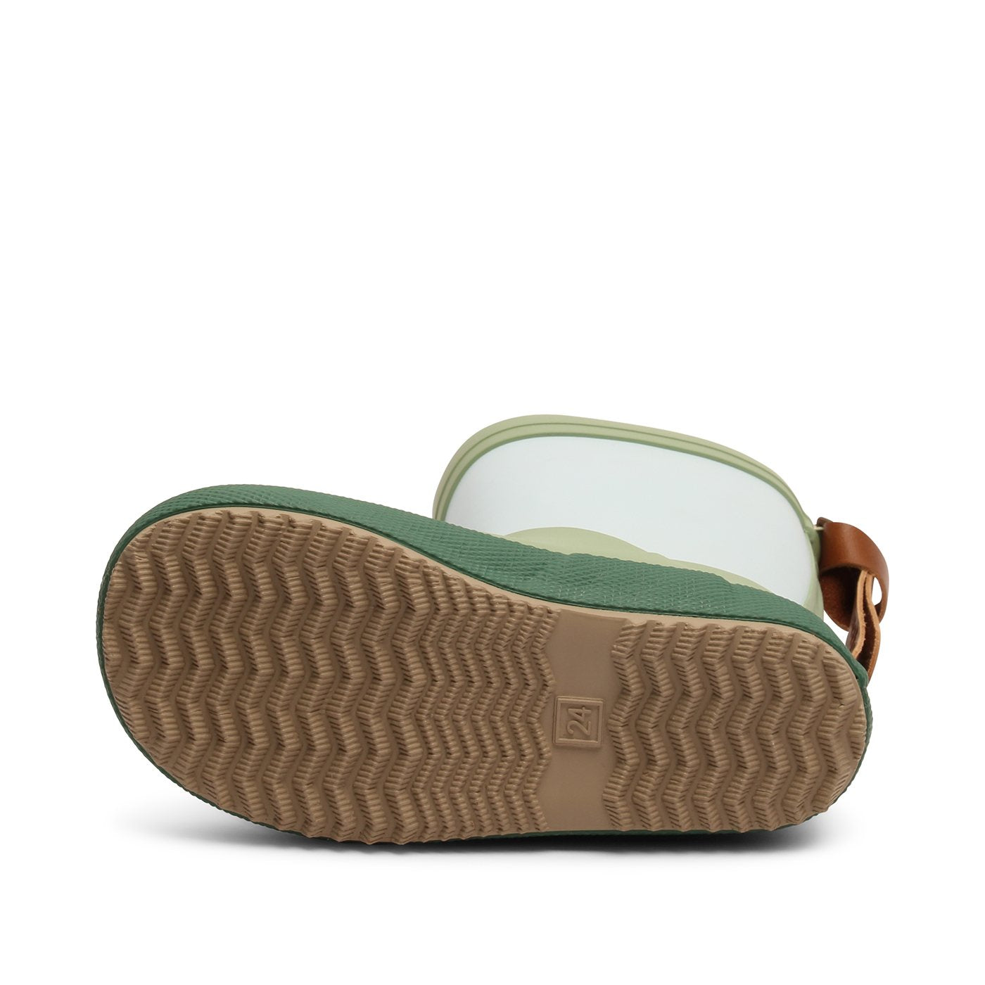 Schöne Kinder Gummistiefel von Bisgaard Misty Blue. Blau Grün Gemustert, Ansicht der Sohle