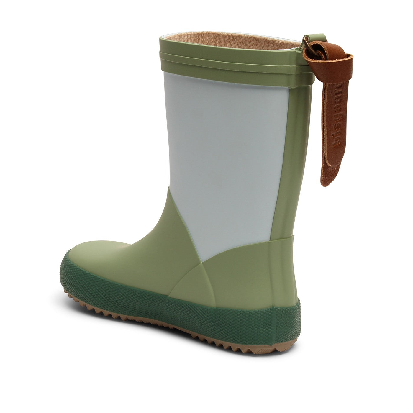 Schöne Kinder Gummistiefel von Bisgaard Misty Blue. Blau Grün Gemustert, Ansicht Von schräg hinten