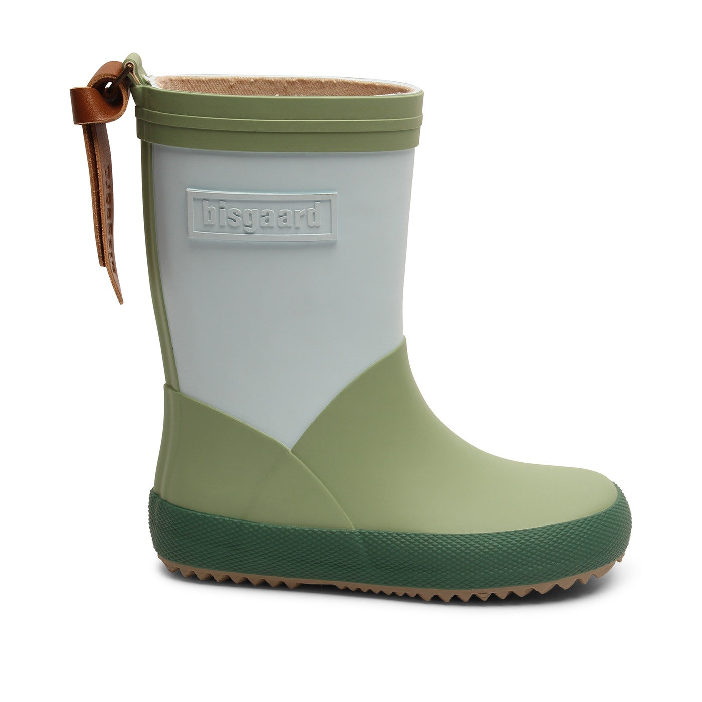 Schöne Kinder Gummistiefel von Bisgaard Misty Blue. Blau Grün Gemustert, seitliche Ansicht 