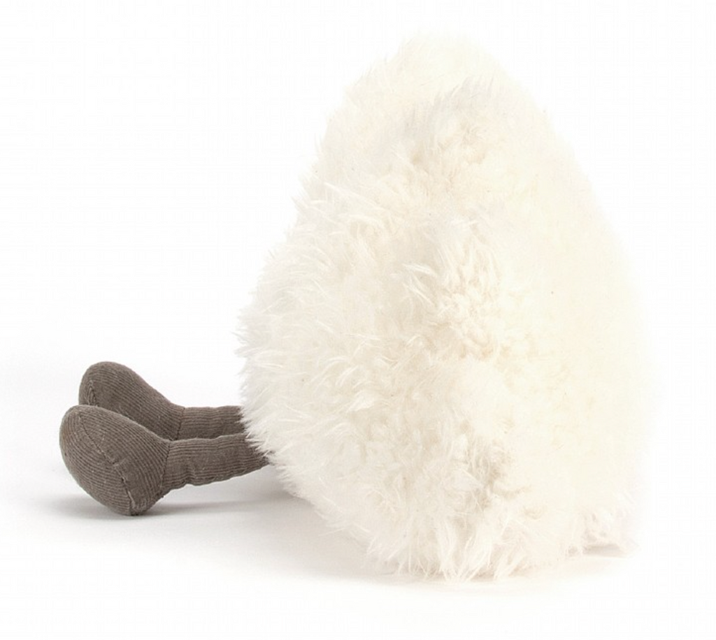 Flauschiges Kuscheltier von Jellycat Amuseable Cloud in klein. Weiße Kuschelwolke mit Beinen und Grinsegesicht. Seitliche Ansicht 