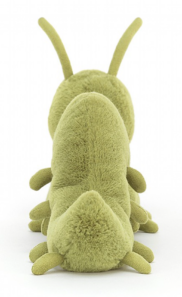Knuddeliges Jellycat Kuscheltier Wriggidig Caterpillar in klein. Süßes Raupen Kuscheltier in grün mit lachendem Gesicht. Ansicht von hinten