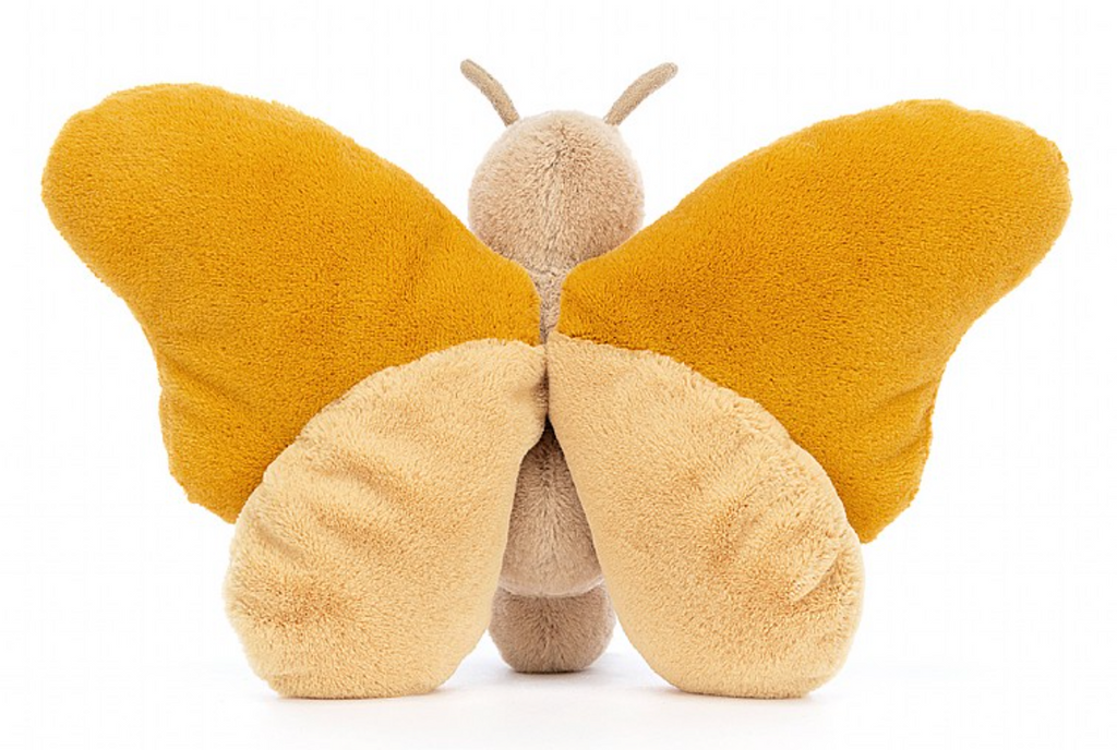 Flauschiges Schmetterling Buttercup Kuscheltier von Jellycat in gelb, Ansicht von hinten