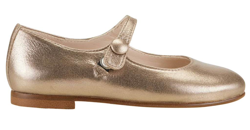 Goldene Mary Jane Ballerina Schuhe mit Druckknopf Verschluss Valeria Magic Taupe. Seitliche Ansicht
