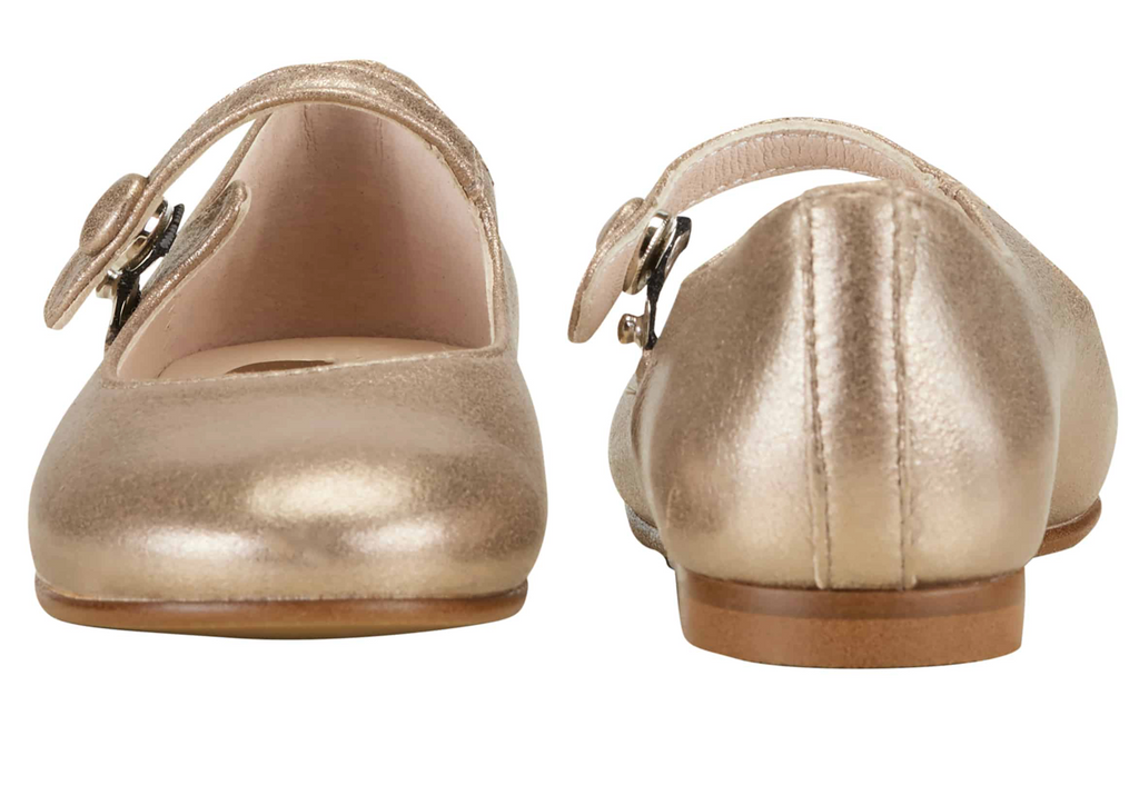 Goldene Mary Jane Ballerina Schuhe mit Druckknopf Verschluss Valeria Magic Taupe. Ansicht von vorne/hinten 