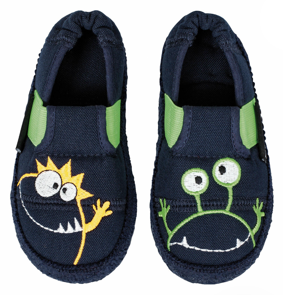 Kuschelige Nanga Kinderhausschuhe dunkelblau mit grünen Details, gelbes Monster auf dem linken Schuh, grünes Monster auf dem rechten Schuh, Ansicht von oben