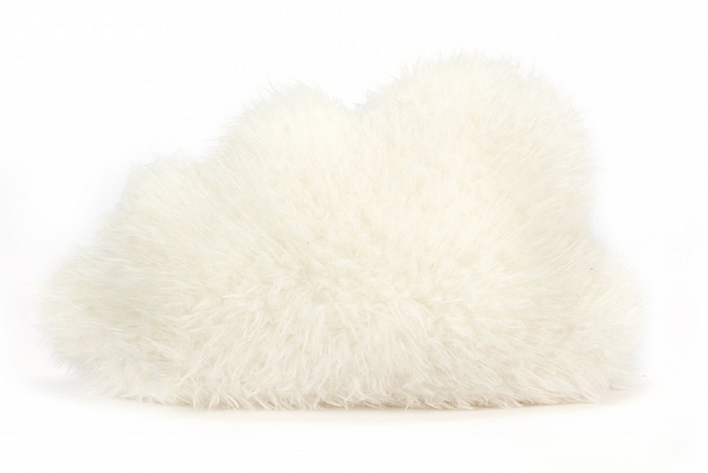 Flauschiges Kuscheltier von Jellycat Amuseable Cloud in klein. Weiße Kuschelwolke mit Beinen und Grinsegesicht. Ansicht von hinten