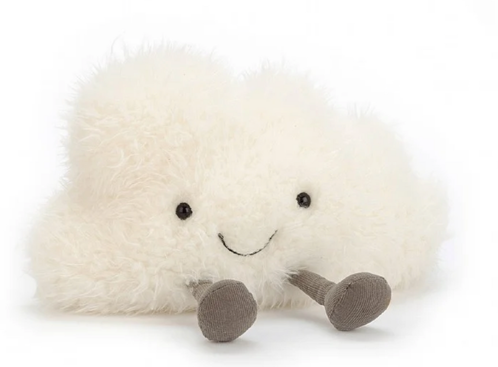 Flauschiges Kuscheltier von Jellycat Amuseable Cloud in klein. Weiße Kuschelwolke mit Beinen und Grinsegesicht. Ansicht von vorne 