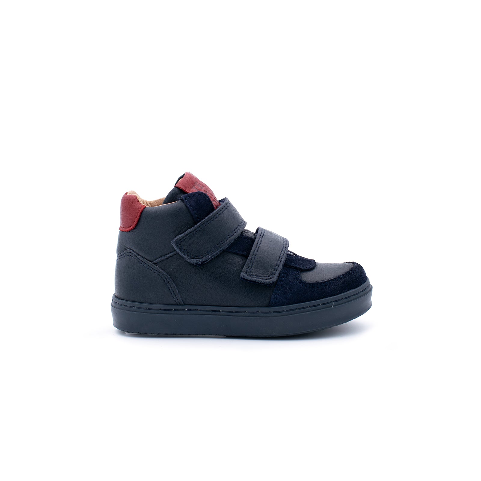 Cooler dunkelblauer blauer TELYOH Kindersneaker aus Leder mit Klettverschluss und roten Details 