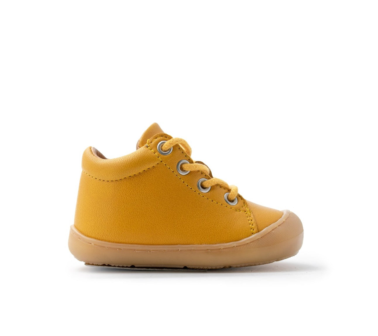 Cooler Lauflernschuh Lauflerner Schnürer von Telyoh in Gelb yellow. Kinderschuh Mädchenschuh Jungenschuh Mannie mit Schnürverschluss Naturleder, Naturlederfutter Lederfutter, Produktion in Portugal, wie Naturino Cocoon
