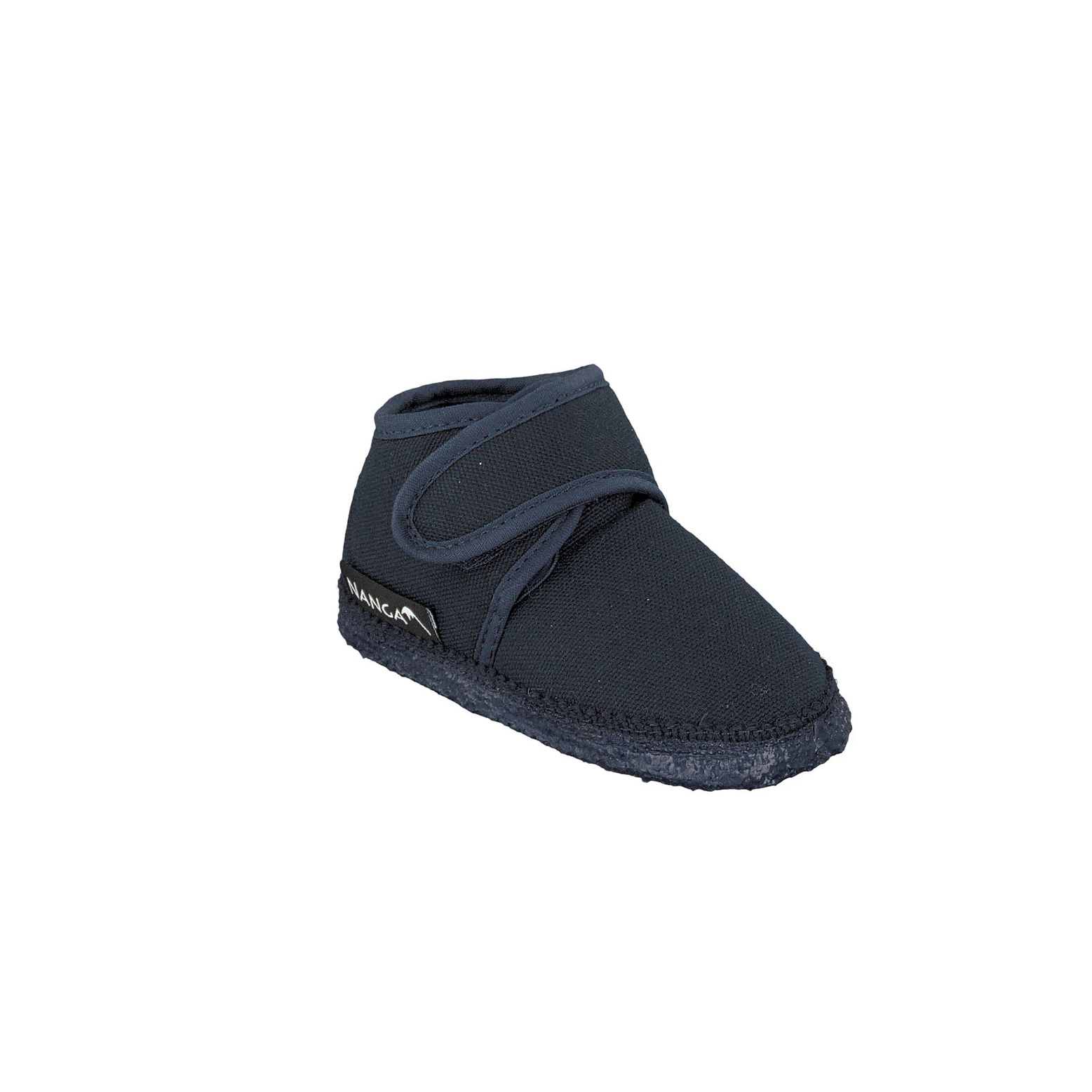 Softe Nanga Kinderhausschuhe Luna in dunkelblau mit Klettverschluss, Ansicht von schräg oben