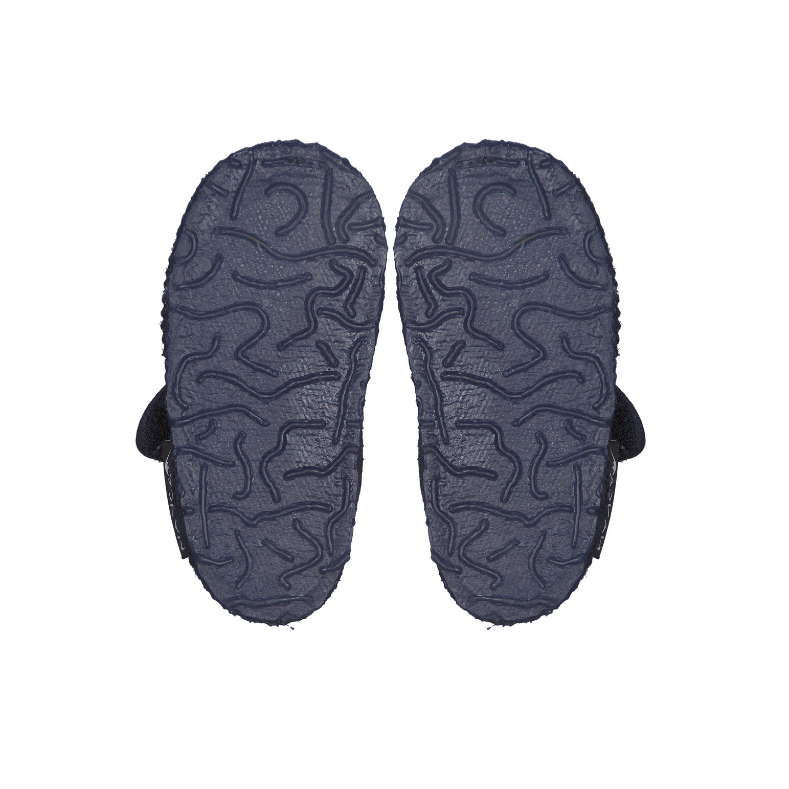 Softe Nanga Kinderhausschuhe Luna in dunkelblau mit Klettverschluss, Ansicht der Sohle