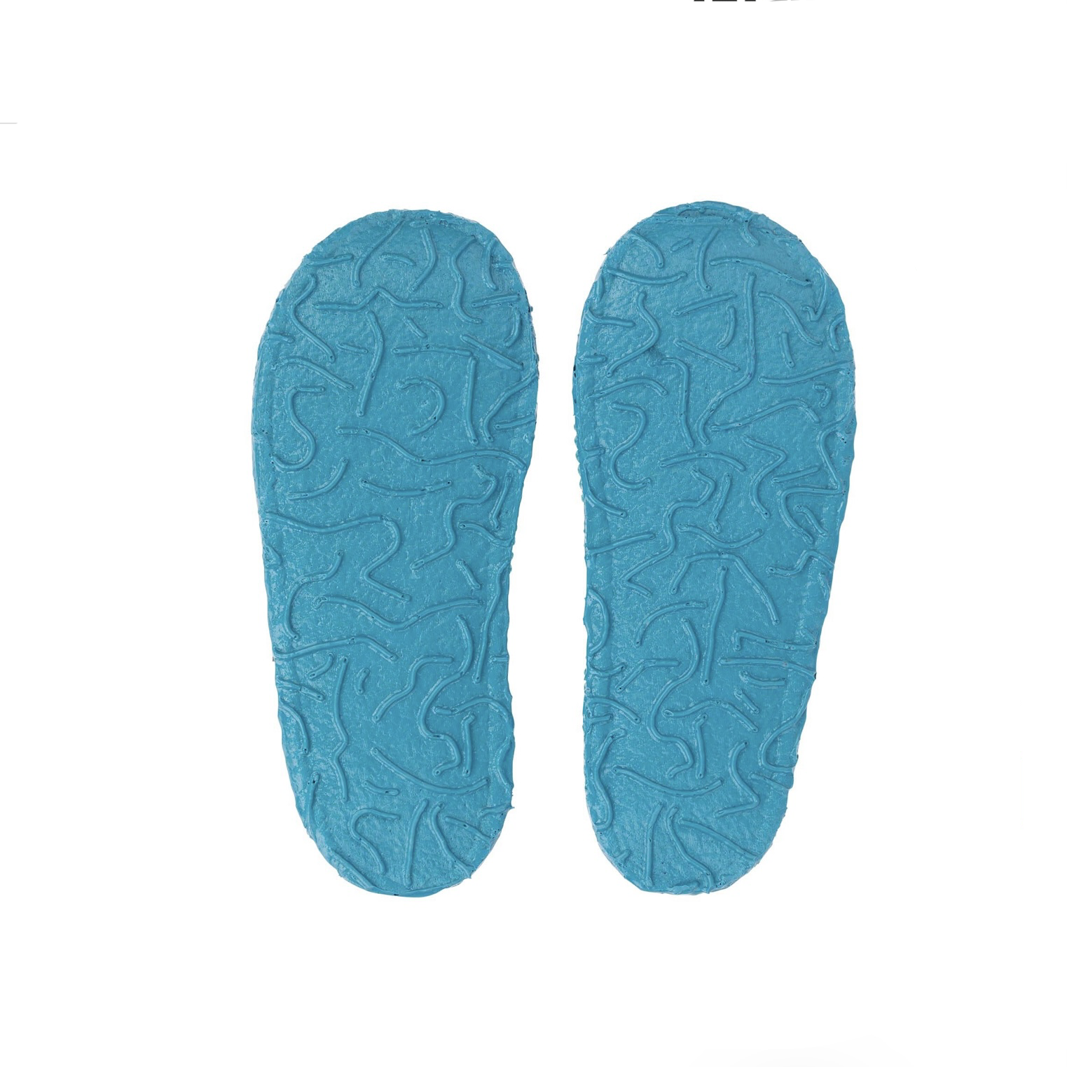 Ökologische weiche Nanga Kinderhausschuhe in Bielefeld, Modell Goldfischi. Türkise Hausschuhe mit gelben Details und buntem Fischmotiv, Ansicht der Sohle